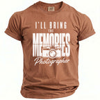 Brown t-shirt with "I'll Bring the Memories Photographer" text and camera graphic.