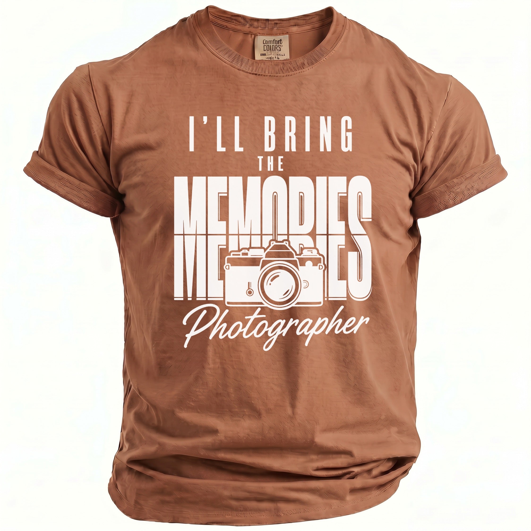Brown t-shirt with "I'll Bring the Memories Photographer" text and camera graphic.