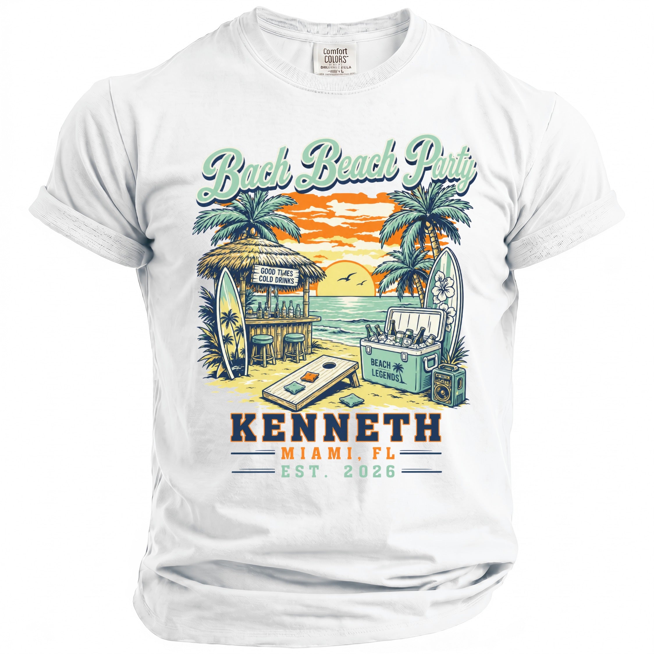 White t-shirt graphic with "Bach Beach Party" and beach scene.