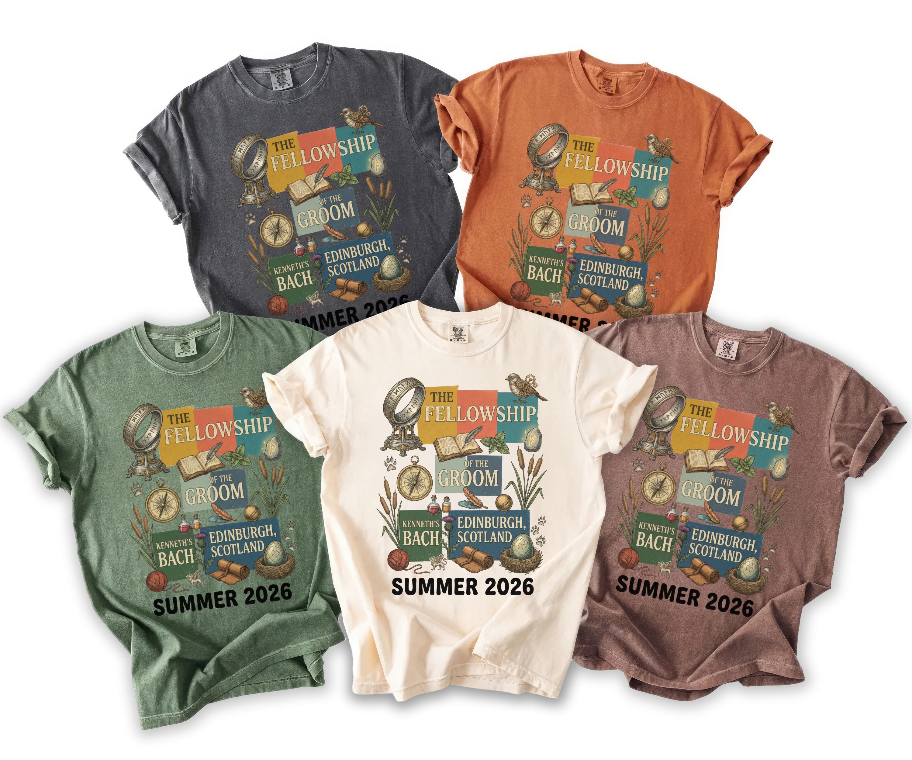 T-shirts featuring "The Fellowship of the Groom" with graphics and "Summer 2026" text.
