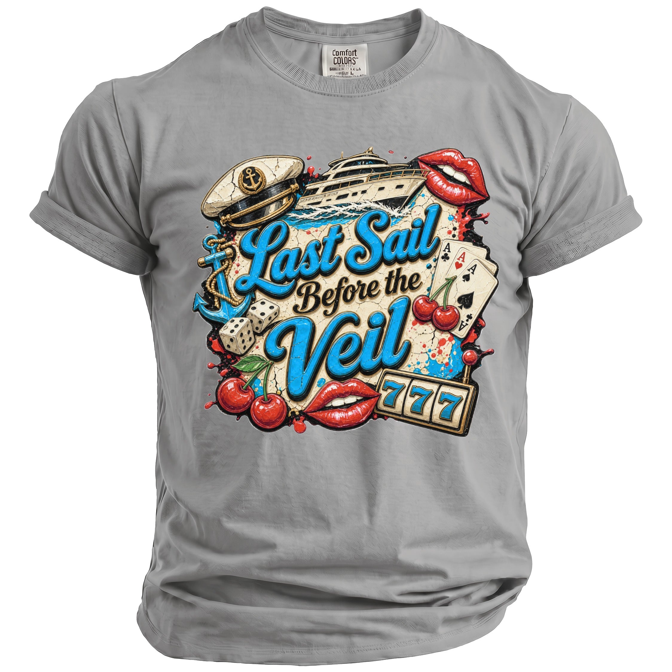 A grey t-shirt featuring a colorful graphic with the text Last Sail Before the Veil.