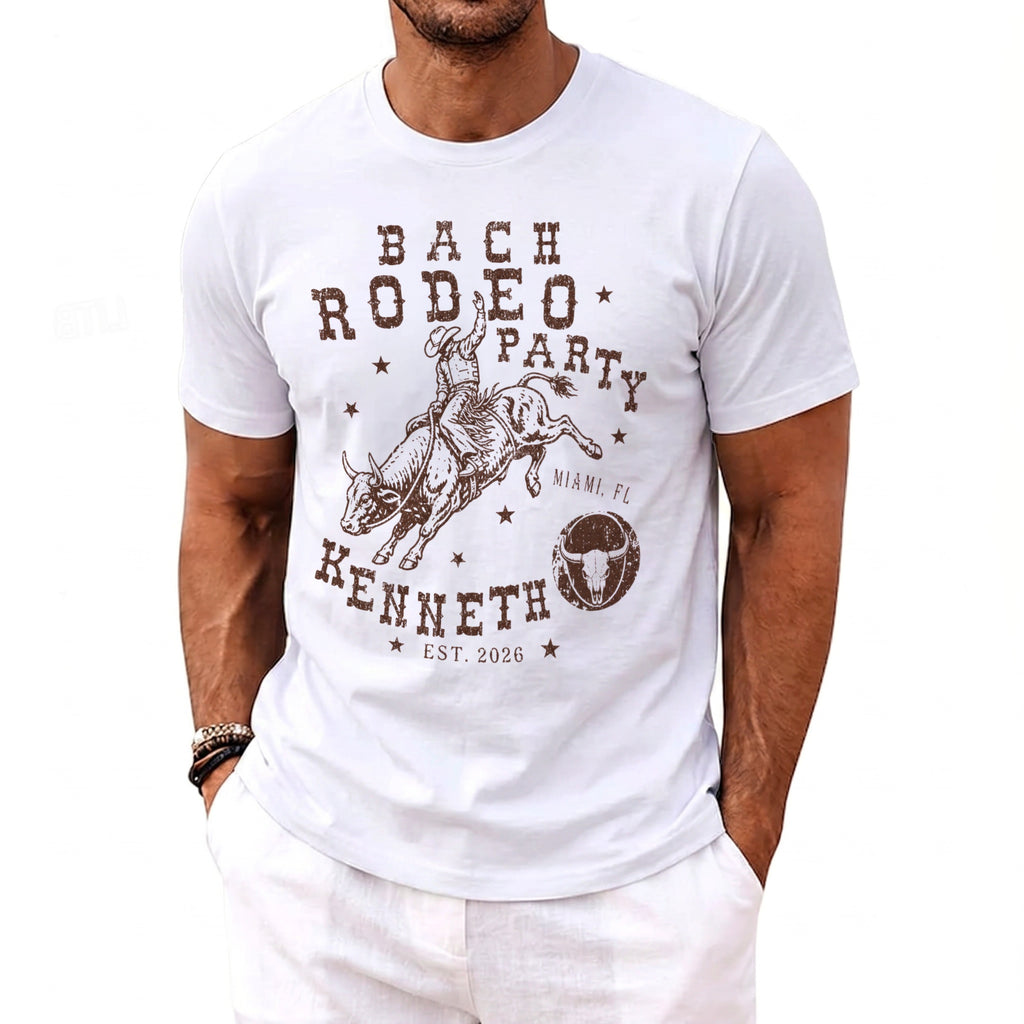 White t-shirt with "BACH RODEO PARTY KENNETH EST. 2026" graphic.