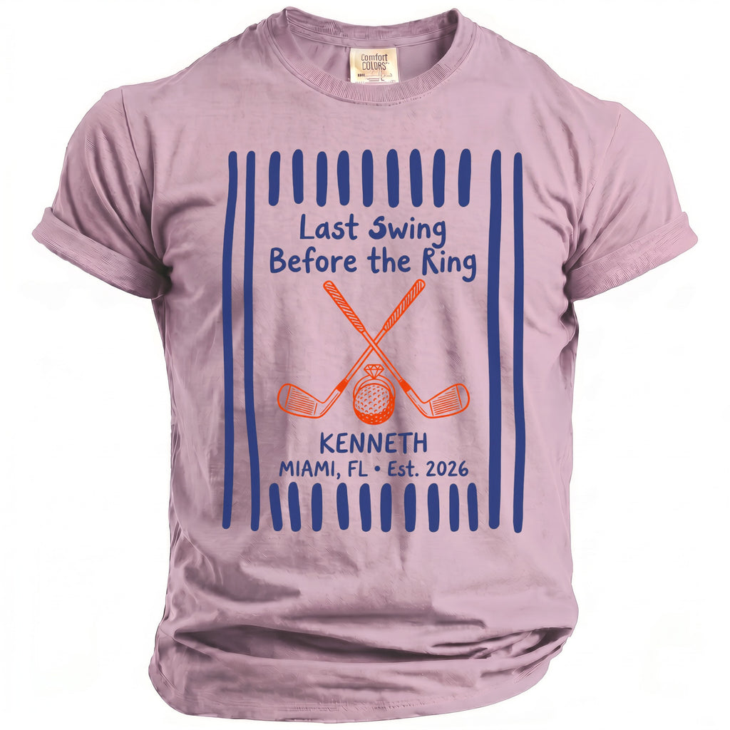 Pink t-shirt with "Last Swing Before the Ring" and golf graphics for Kenneth.