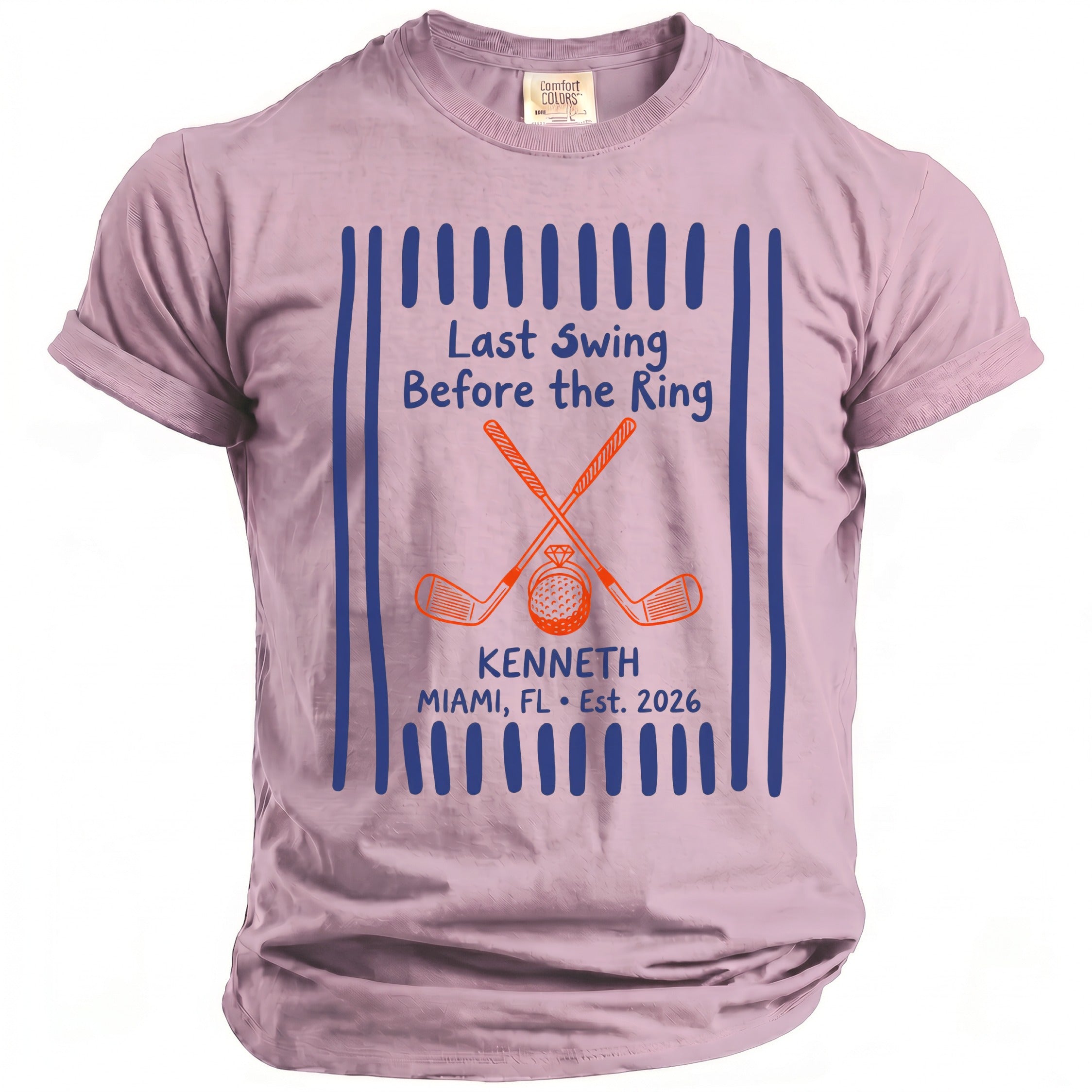Pink t-shirt with "Last Swing Before the Ring" and golf graphics for Kenneth.