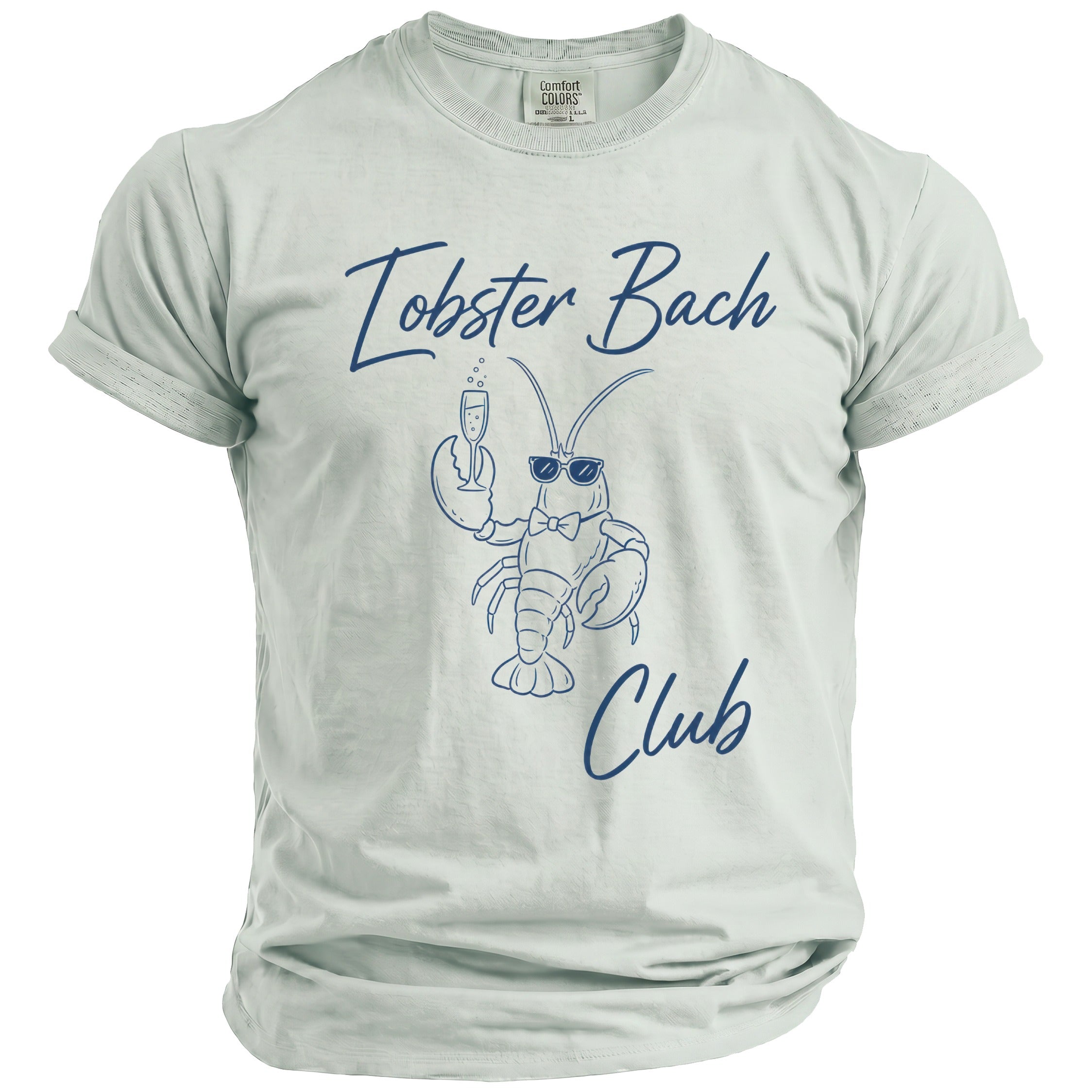 Light gray t-shirt with blue text "Lobster Bach Club" and lobster graphic.