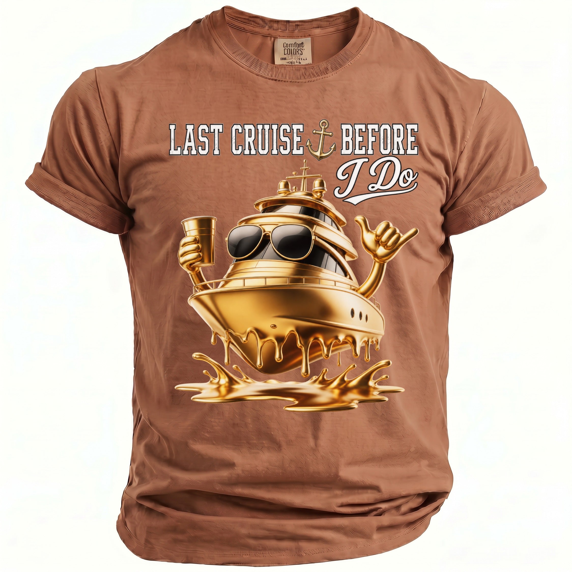 Brown t-shirt with "Last Cruise Before I Do" text and a golden yacht graphic.