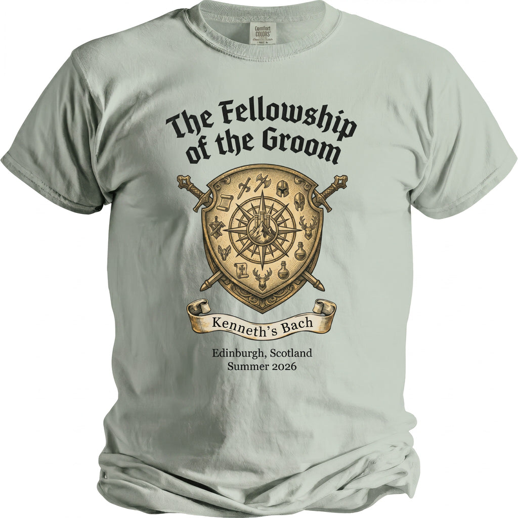 The Fellowship of the Groom shirt with Kenneth's Bach, Edinburgh, Scotland, Summer 2026 design.