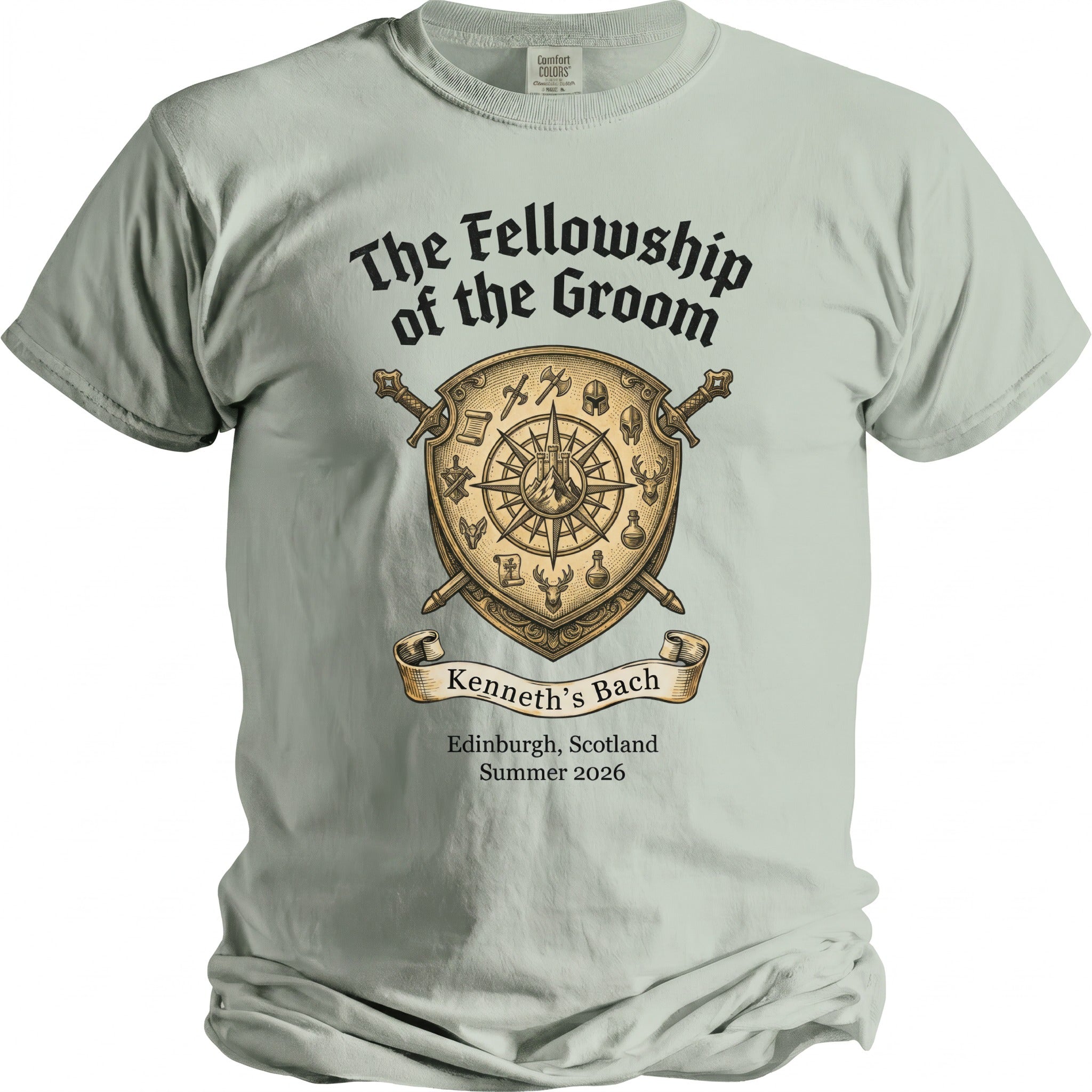 The Fellowship of the Groom shirt with Kenneth's Bach, Edinburgh, Scotland, Summer 2026 design.