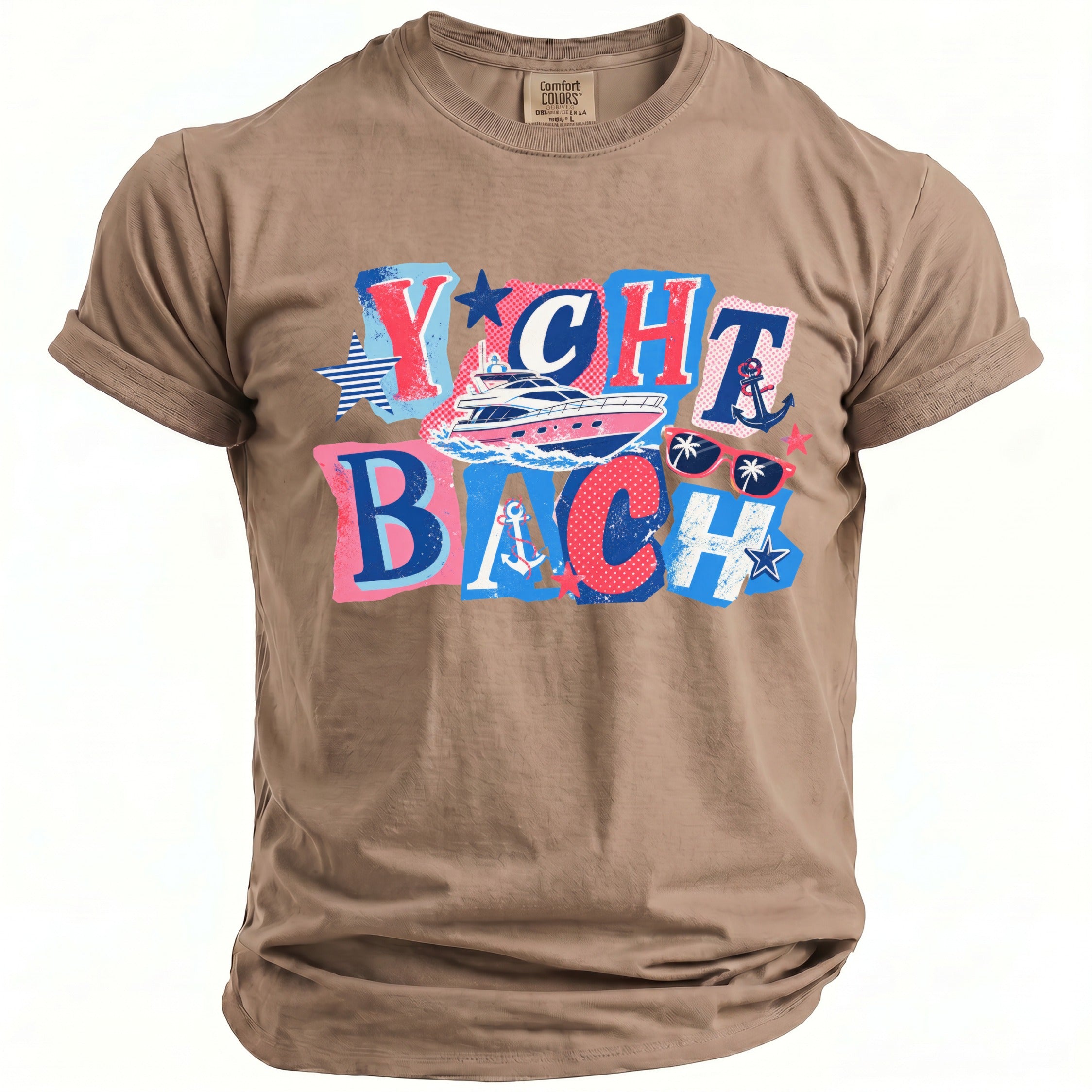 Brown short-sleeve t-shirt with a blue and pink YACHT BACH graphic featuring a yacht and nautical elements.