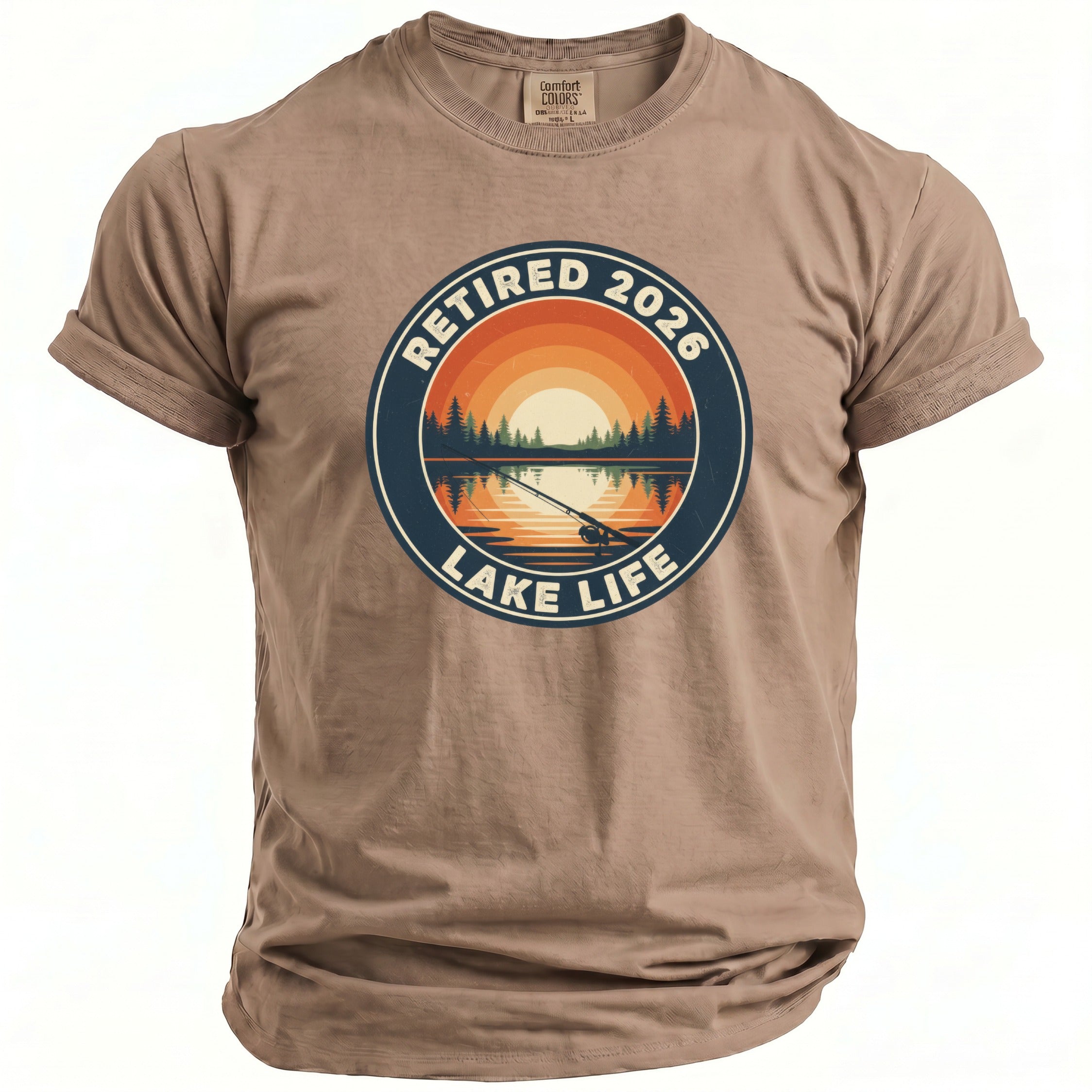 T-shirt with "Retired 2026 Lake Life" graphic featuring a sunset over a lake and trees.