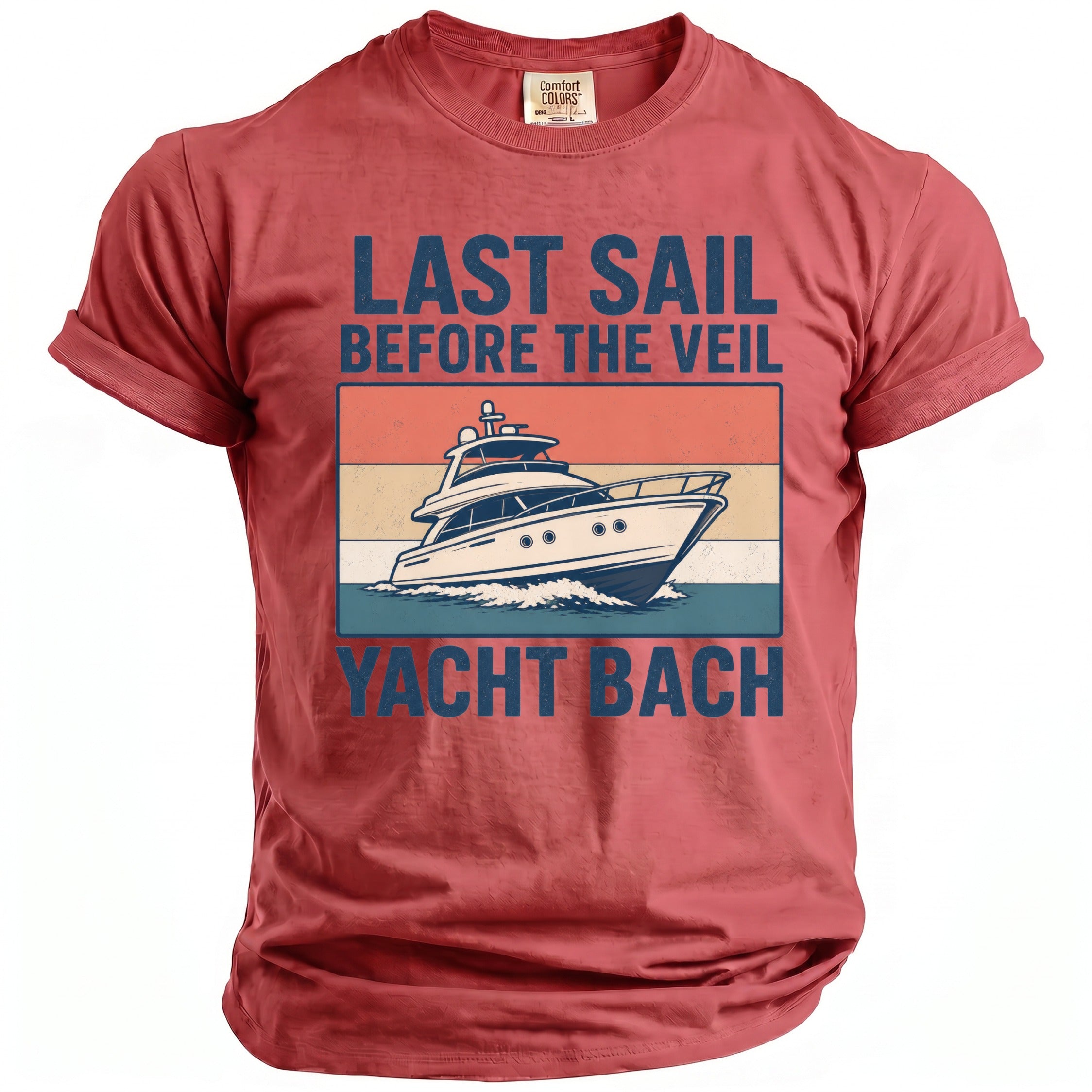 T-shirt with "Last Sail Before The Veil Yacht Bach" text and a yacht graphic.
