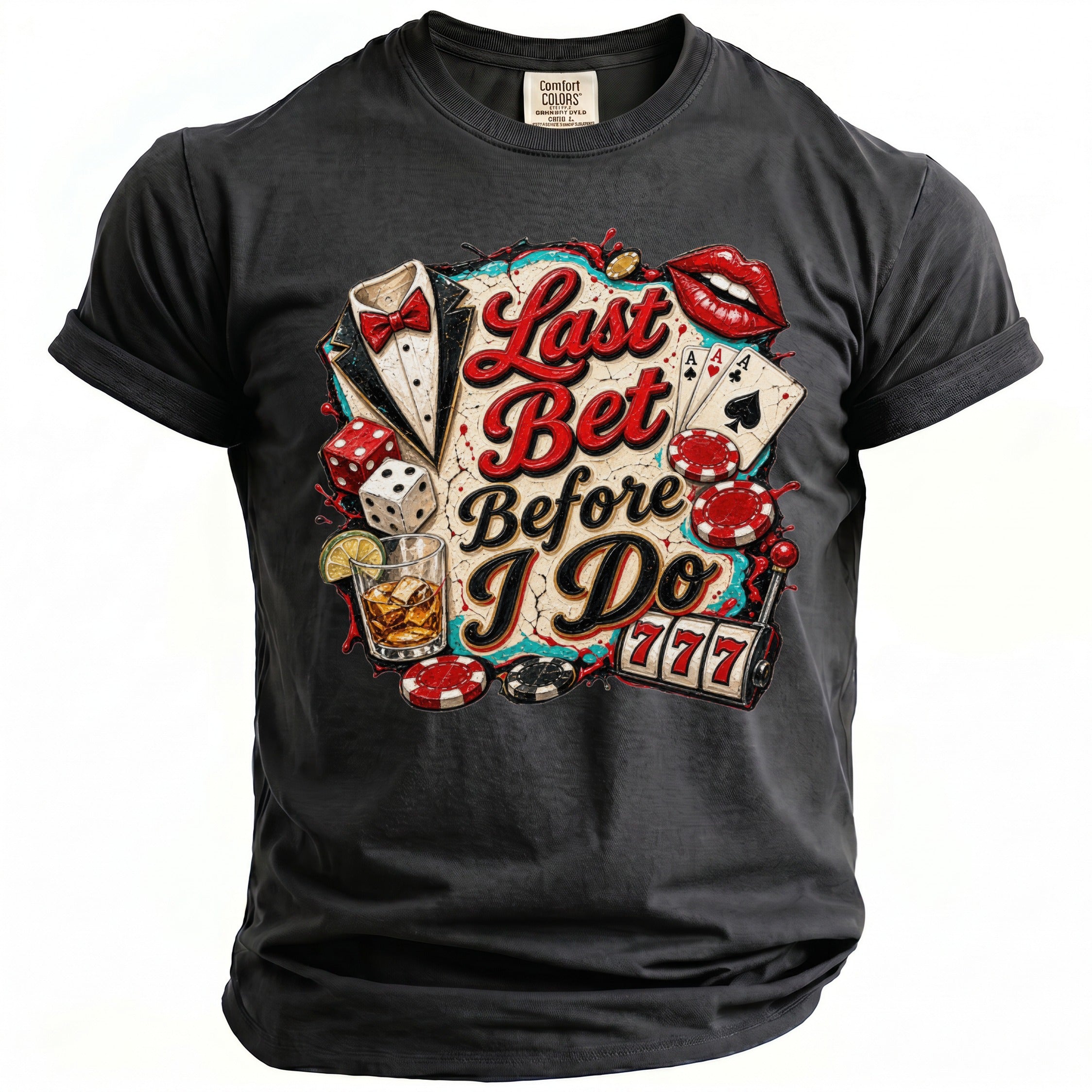 Black t-shirt with "Last Bet Before I Do" graphic featuring casino elements.