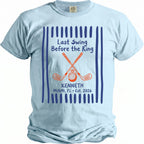 Light blue t-shirt with "Last Swing Before the Ring" and custom text.