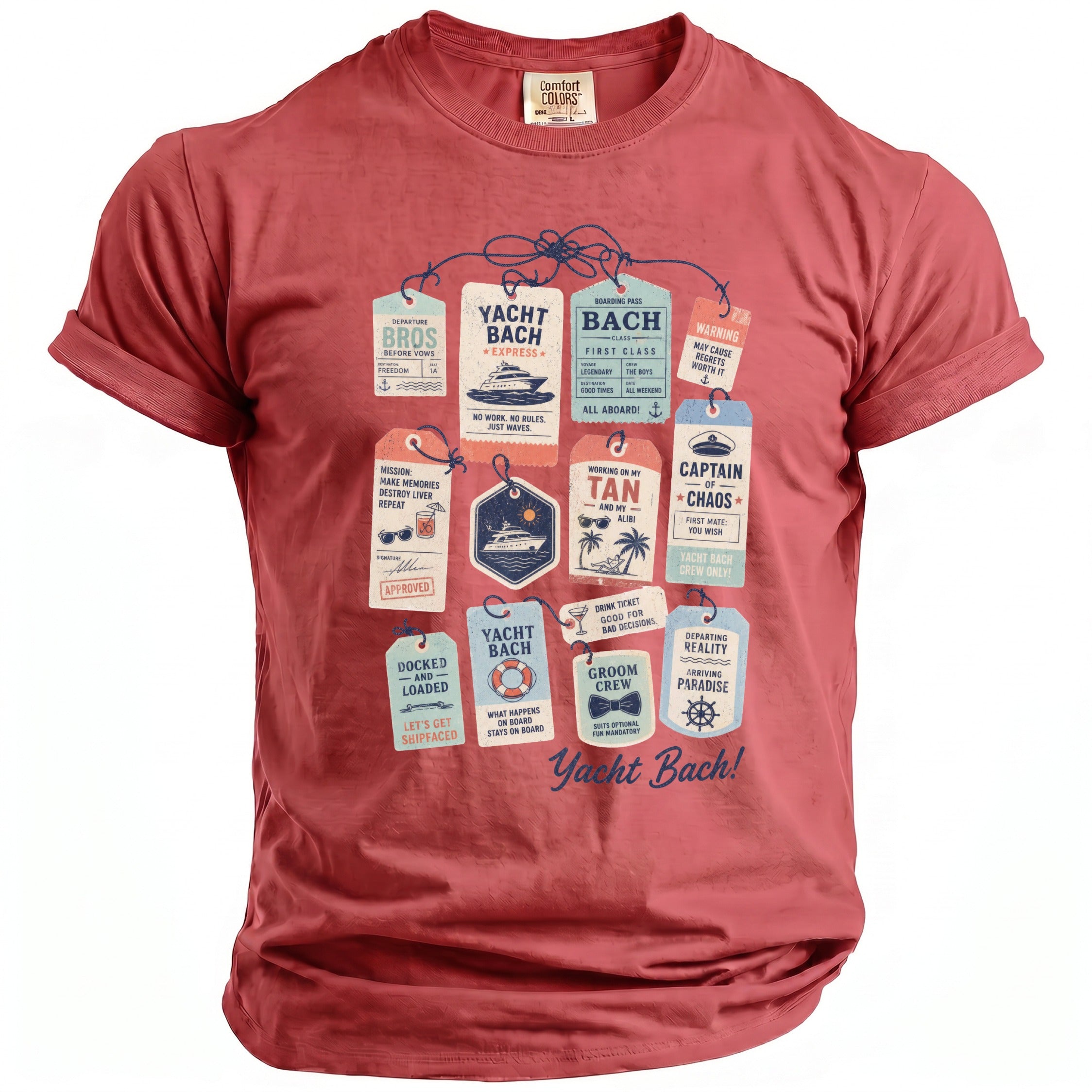 Red t-shirt with "Yacht Bach!" graphic featuring luggage tags with nautical and bachelor party themes.