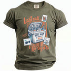 Olive green t-shirt with a graphic featuring a cooler of beer and text about "bad decisions."