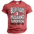 Red t-shirt with "Beer Today Husband Tomorrow Bachelor Party 2026" text.