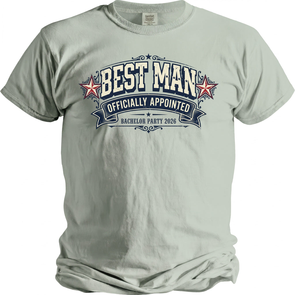 Light grey t-shirt with "BEST MAN" and "OFFICIALLY APPOINTED" on the front.