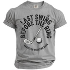 Grey t-shirt with "Last Swing Before the Ring Bachelor Weekend 2026" graphic.
