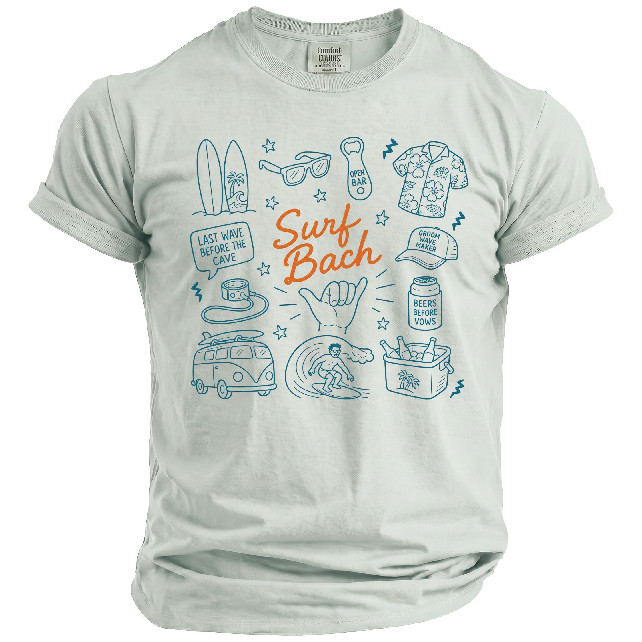 Light blue t-shirt with "Surf Bach" graphic and surf-themed icons.