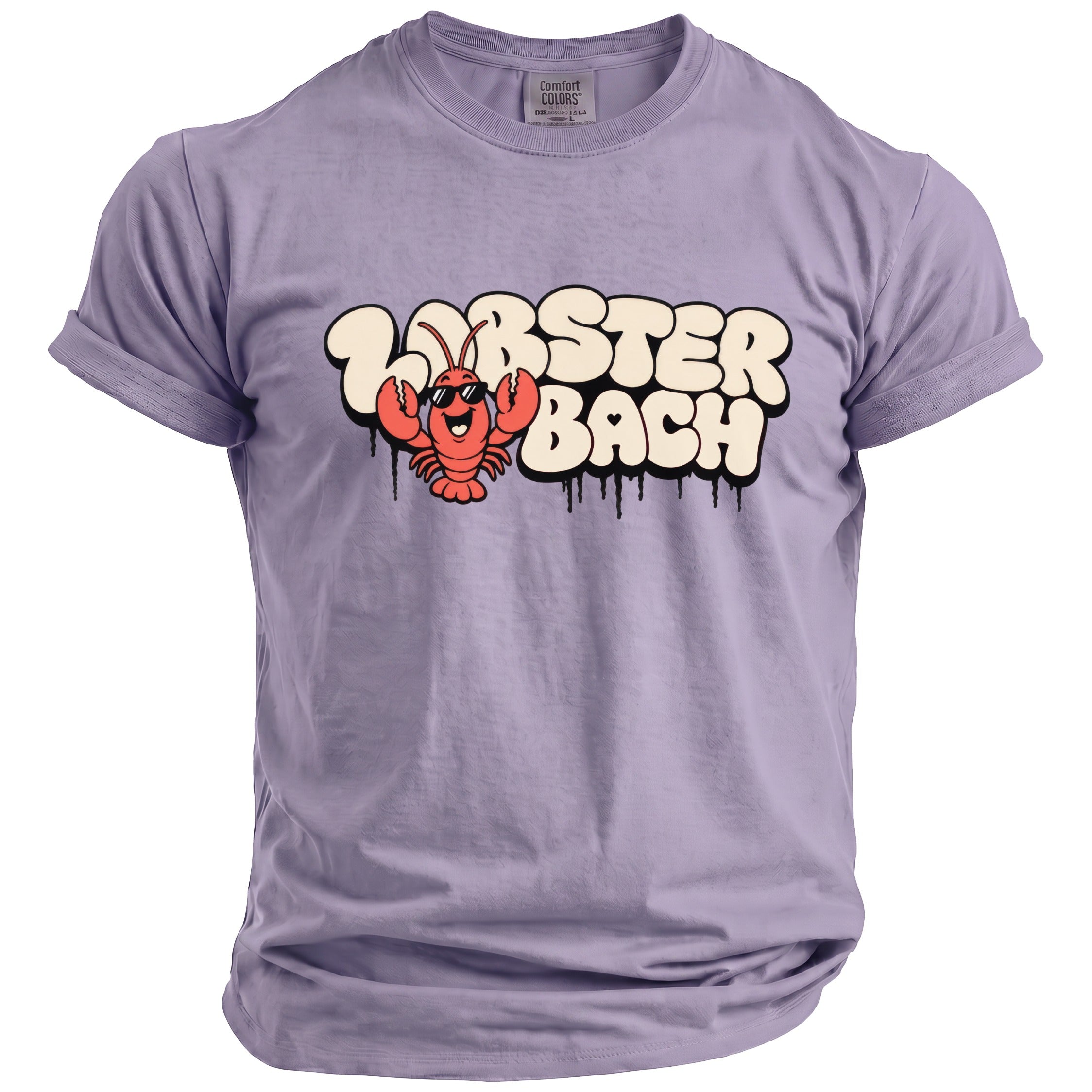 Purple t-shirt with cartoon lobster and text "LOBSTER BACH".