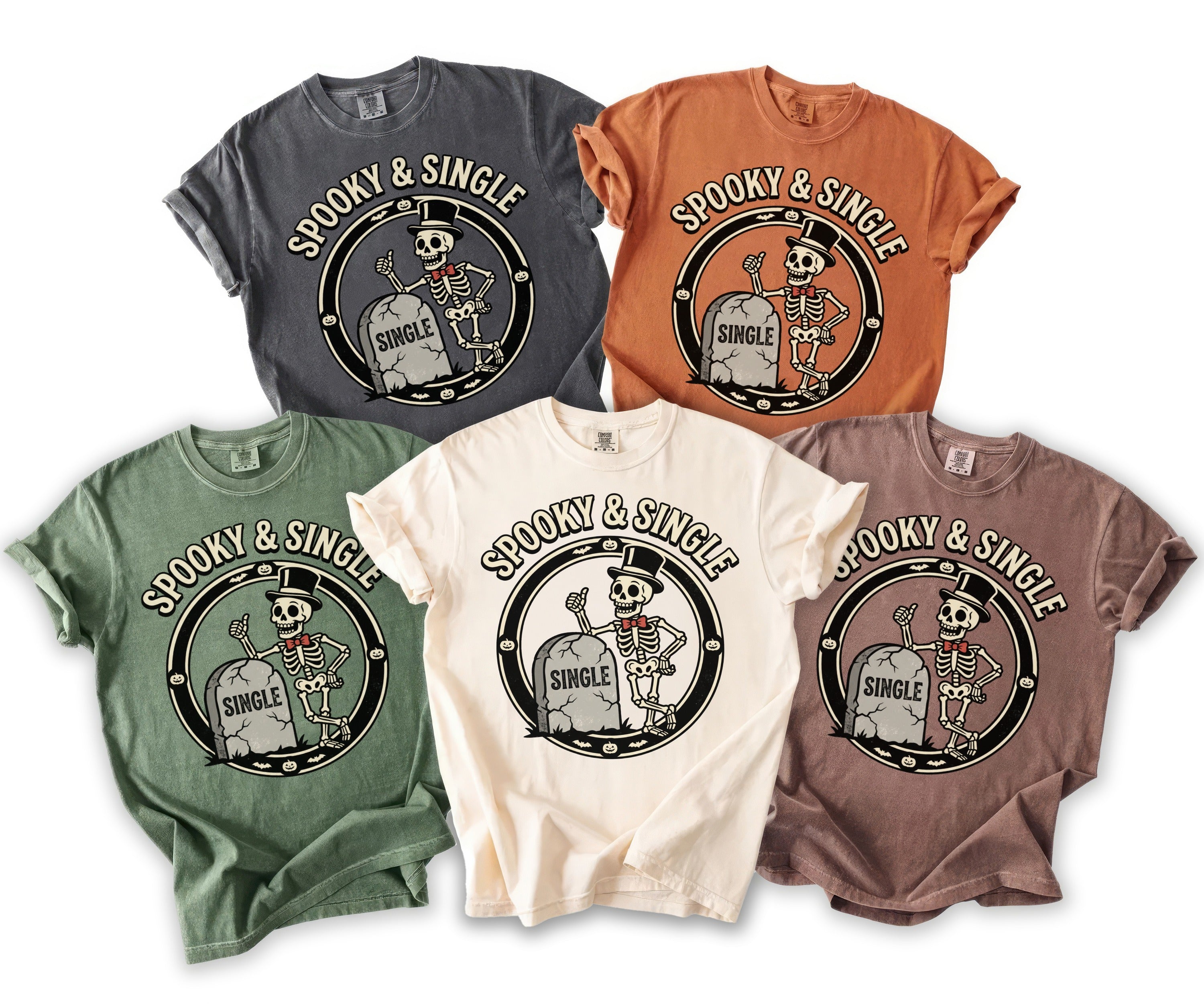 T-shirts in five colors with a skeleton, tombstone, and "Spooky & Single" text.