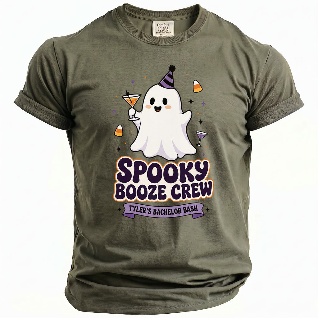 Olive green t-shirt with "Spooky Booze Crew Tyler's Bachelor Bash" and a cute ghost.