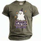 Olive green t-shirt with "Spooky Booze Crew Tyler's Bachelor Bash" and a cute ghost.