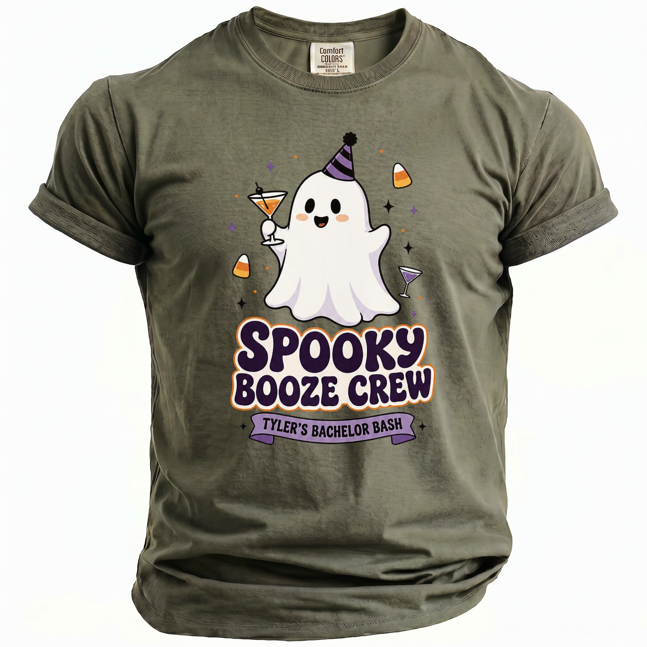 Olive green t-shirt with "Spooky Booze Crew Tyler's Bachelor Bash" and a cute ghost.
