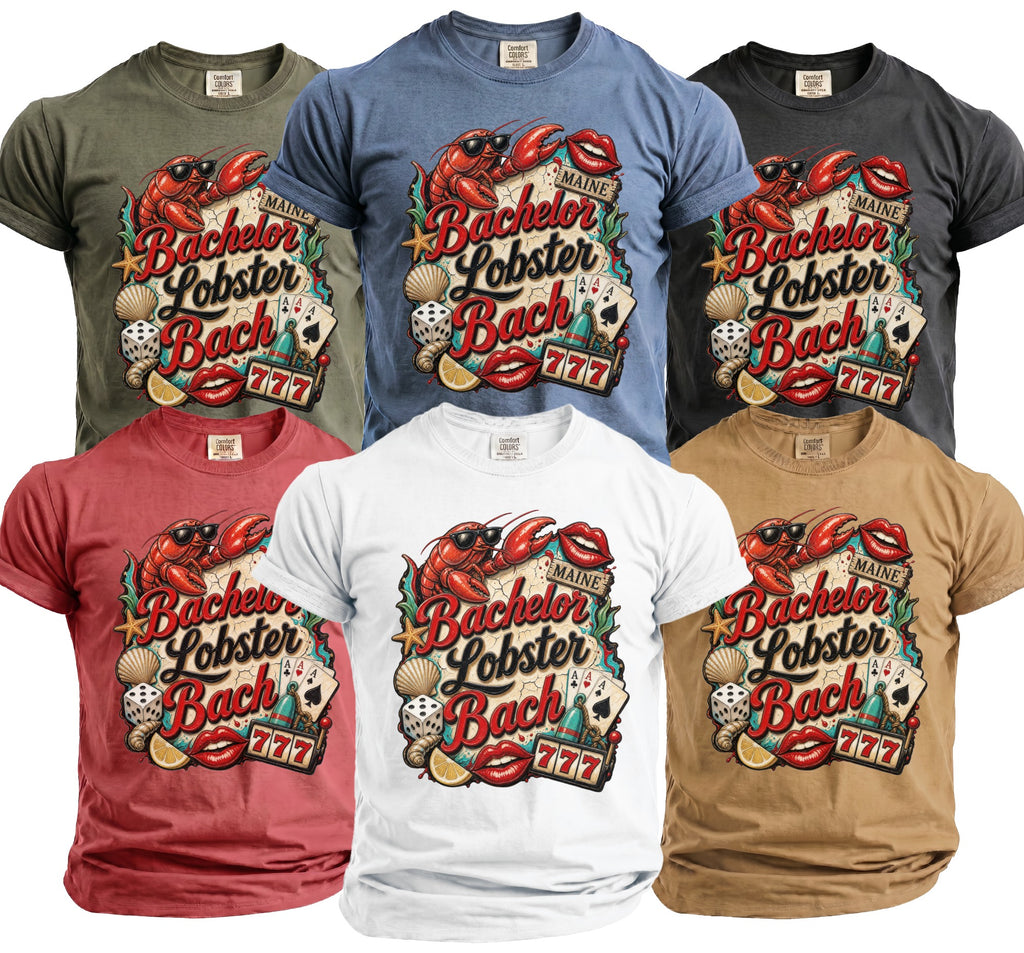 T-shirts featuring "Bachelor Lobster Bach" graphic with lobster, dice, and cards.