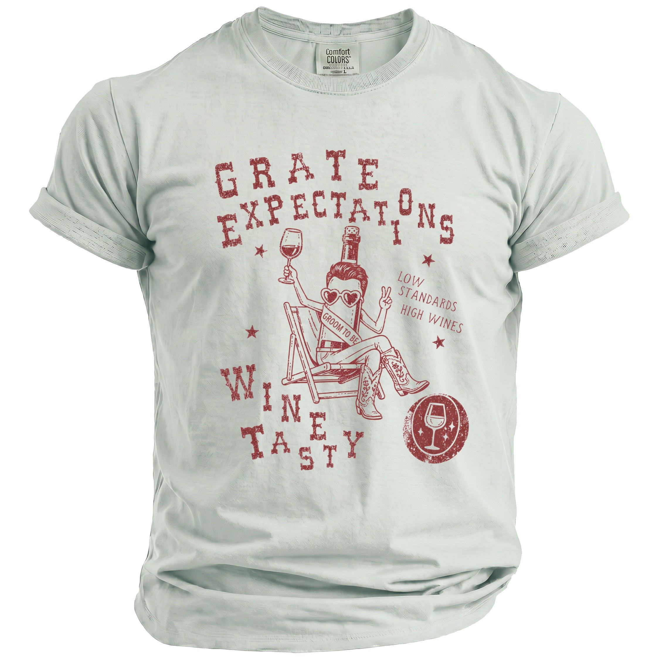 T-shirt graphic: "GRATE EXPECTATIONS WINE TASTY" with cartoon wine bottle groom.