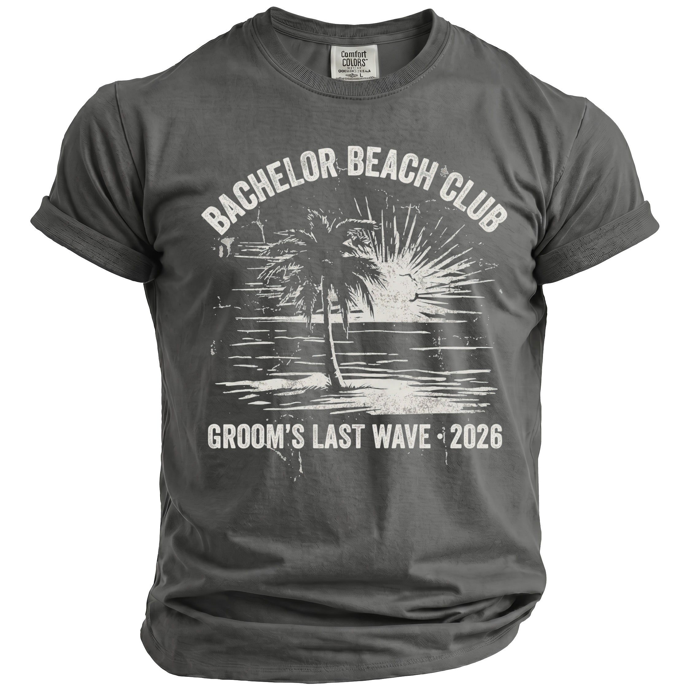 Comfort Colors t-shirt with "Bachelor Beach Club Groom's Last Wave 2026" and beach graphic.