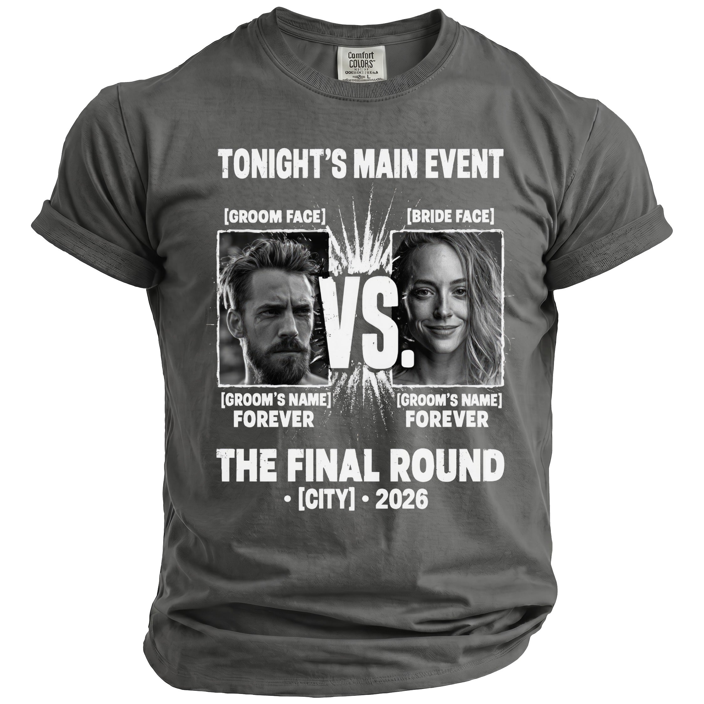 T-shirt with "Tonight's Main Event" and bride/groom portraits.