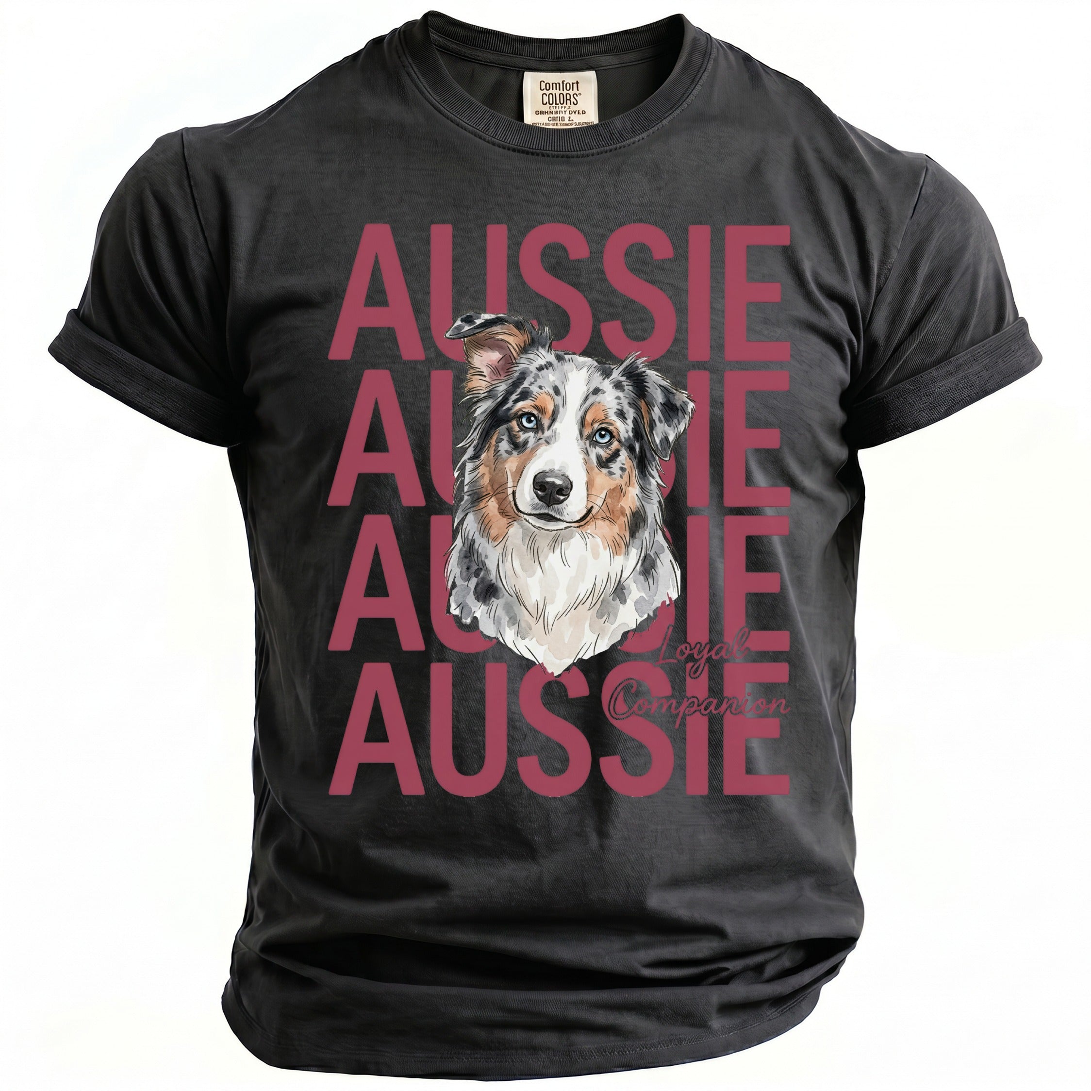 Black t-shirt with watercolor Aussie dog and "Aussie Loyal Companion" text.
