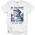 T-shirt with a cat wearing a beret and the text "OH, YOU DRAW? NOT BAD, FOR SOMEONE WHO CAN'T PAINT".