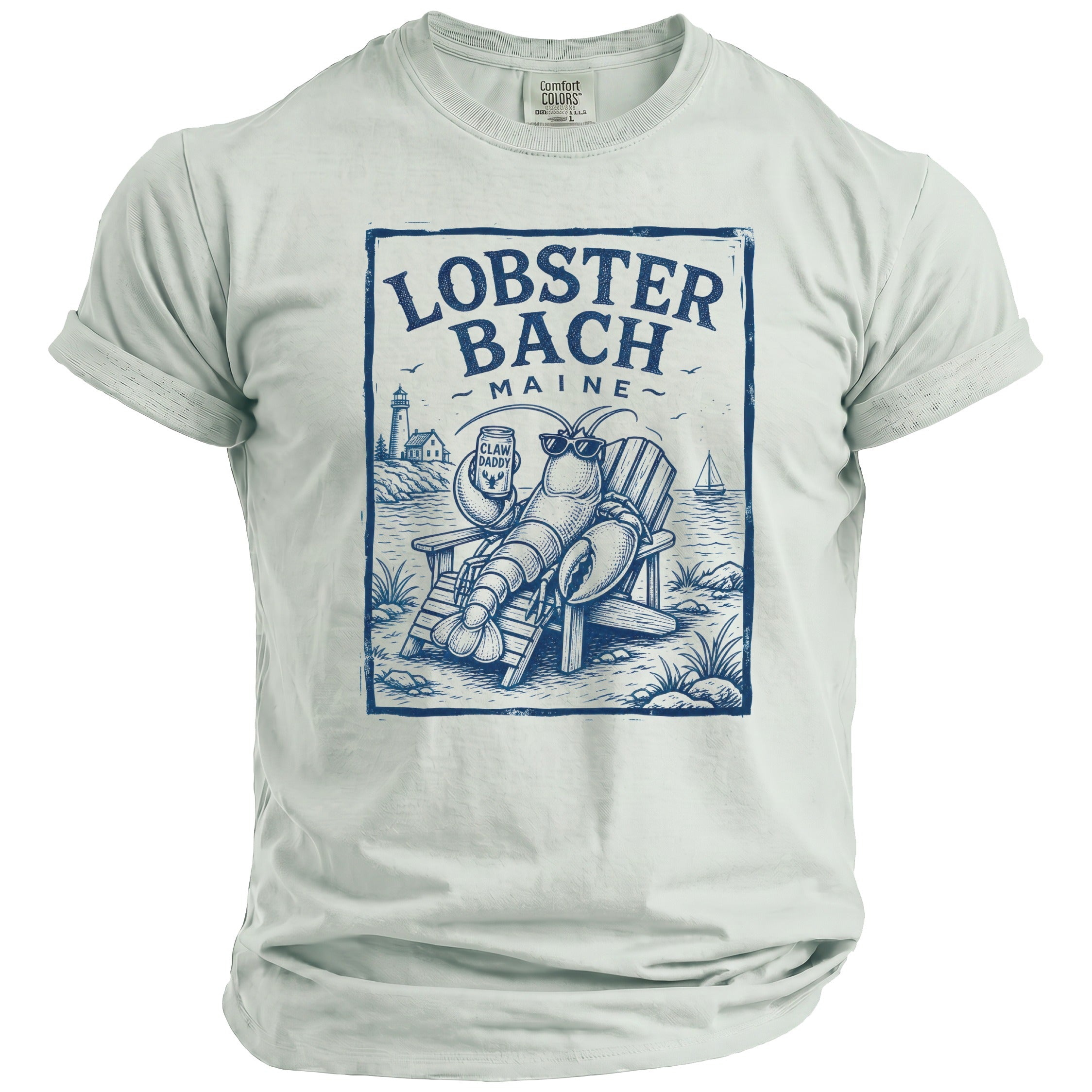 T-shirt with blue print of a lobster in a beach chair holding a drink, reading "Lobster Bach Maine."