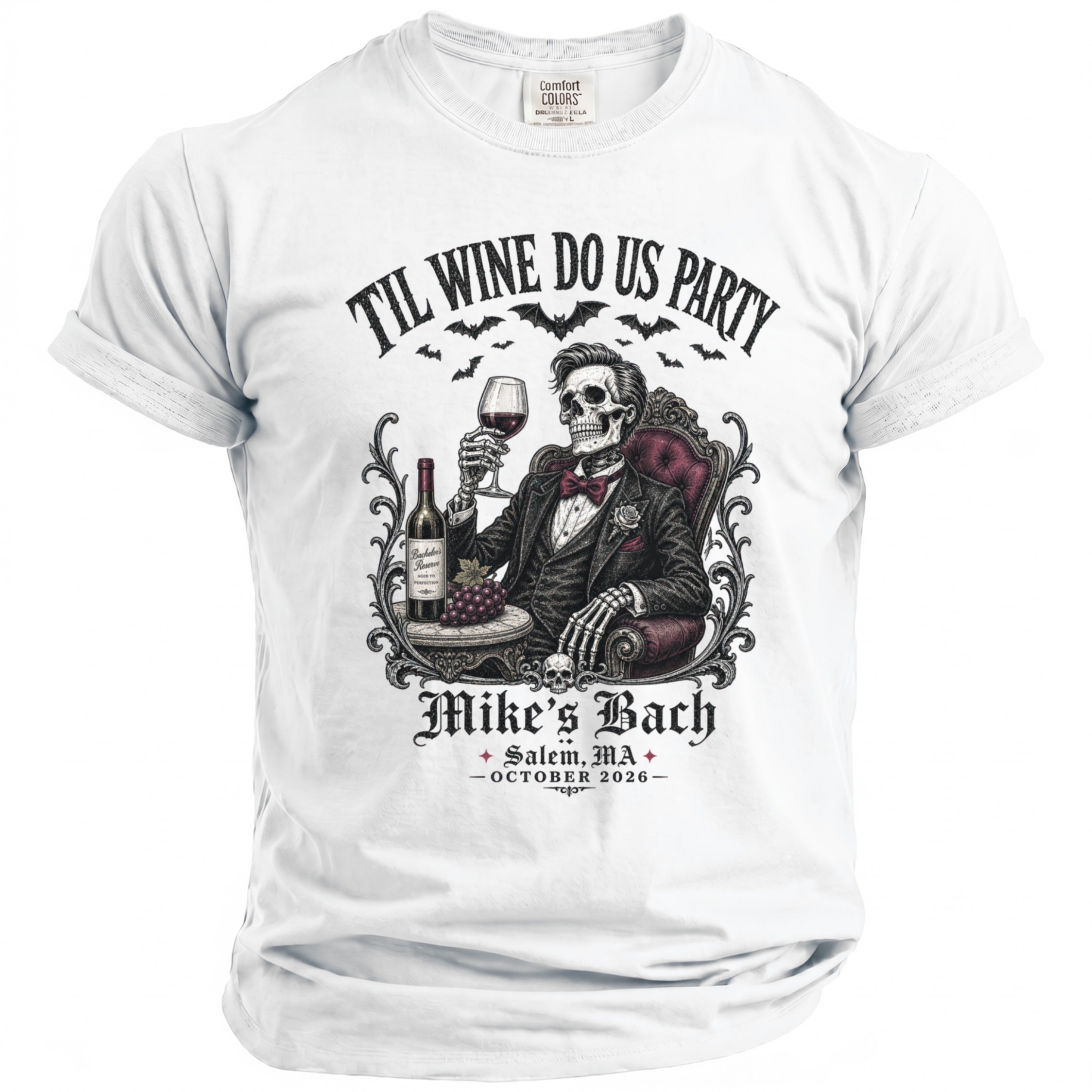 Skeleton in suit holding wine, text "Til Wine Do Us Party Mike's Bach"
