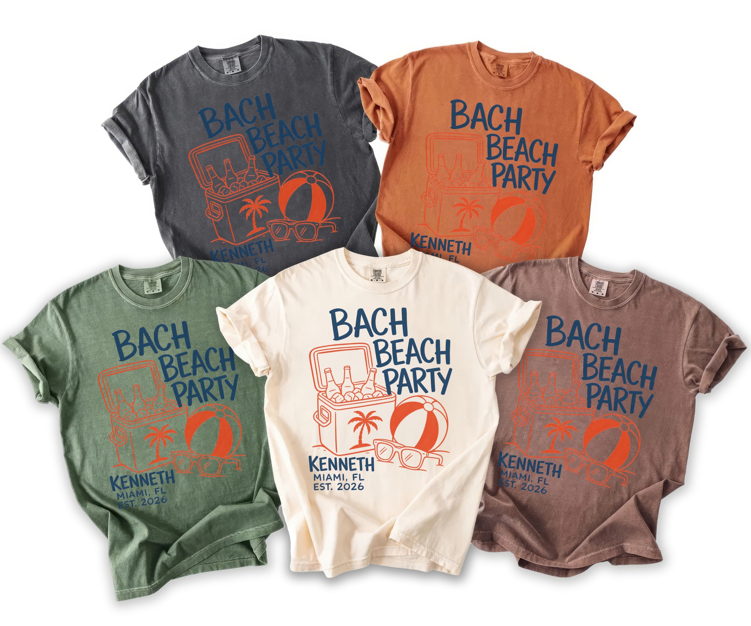 Five t-shirts in various colors featuring "Bach Beach Party" graphic with cooler and beach ball.