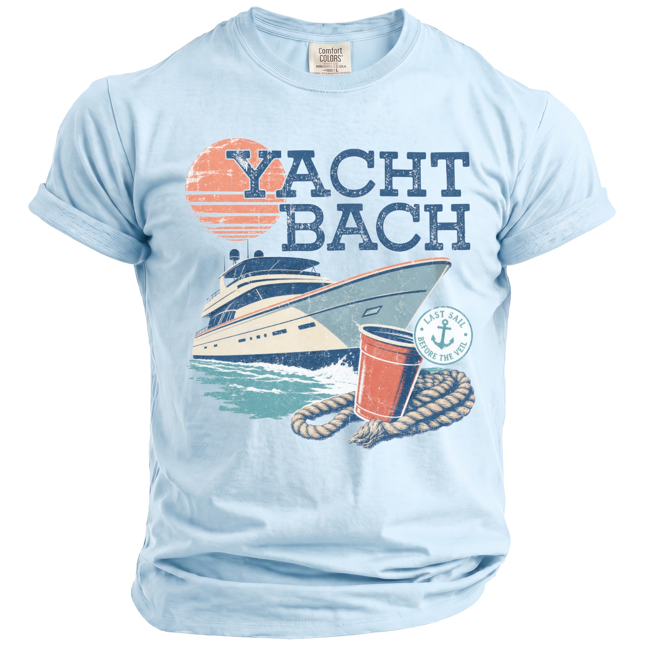 Light blue t-shirt featuring a distressed nautical graphic with a yacht, red cup, and text reading Yacht Bach.
