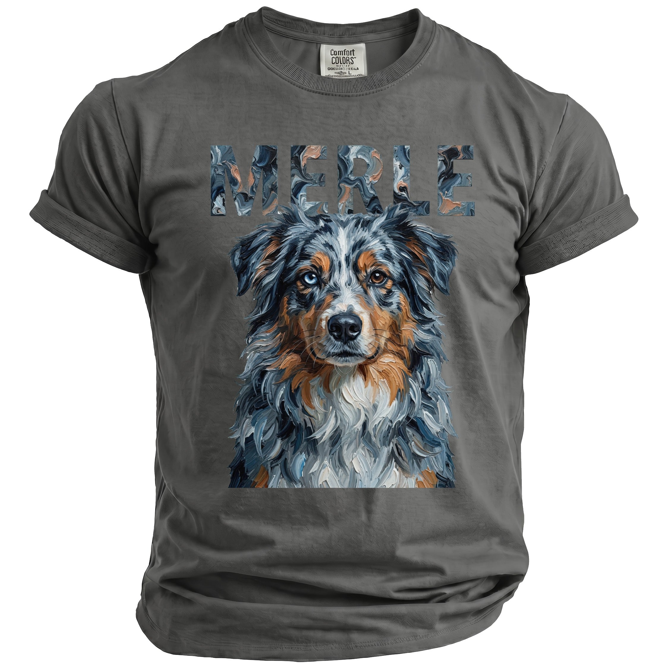 Gray t-shirt with a painted Australian Shepherd dog and "MERLE" text.