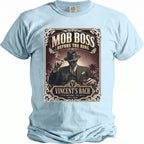 Light blue t-shirt with "Mob Boss Before the Ring Vincent's Bach Miami, FL Fall 2026" graphic.