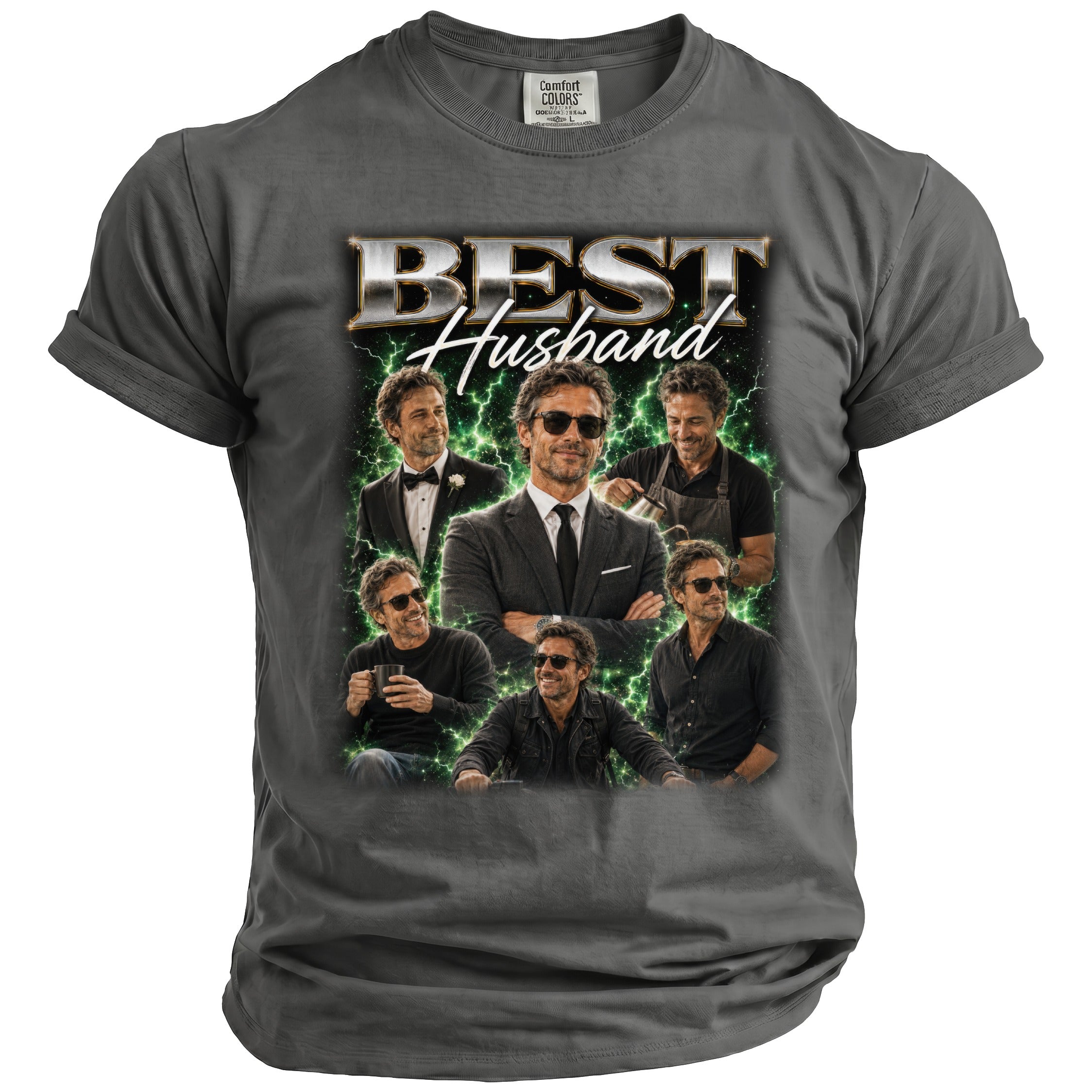 Collage of a man in various outfits with "Best Husband" text over a lightning background.