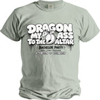Light green t-shirt with "Dragon My Ass to the Altar" and "Bachelor Party" text.