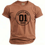 Brown t-shirt with "01 Groom" graphic in a circular black design.