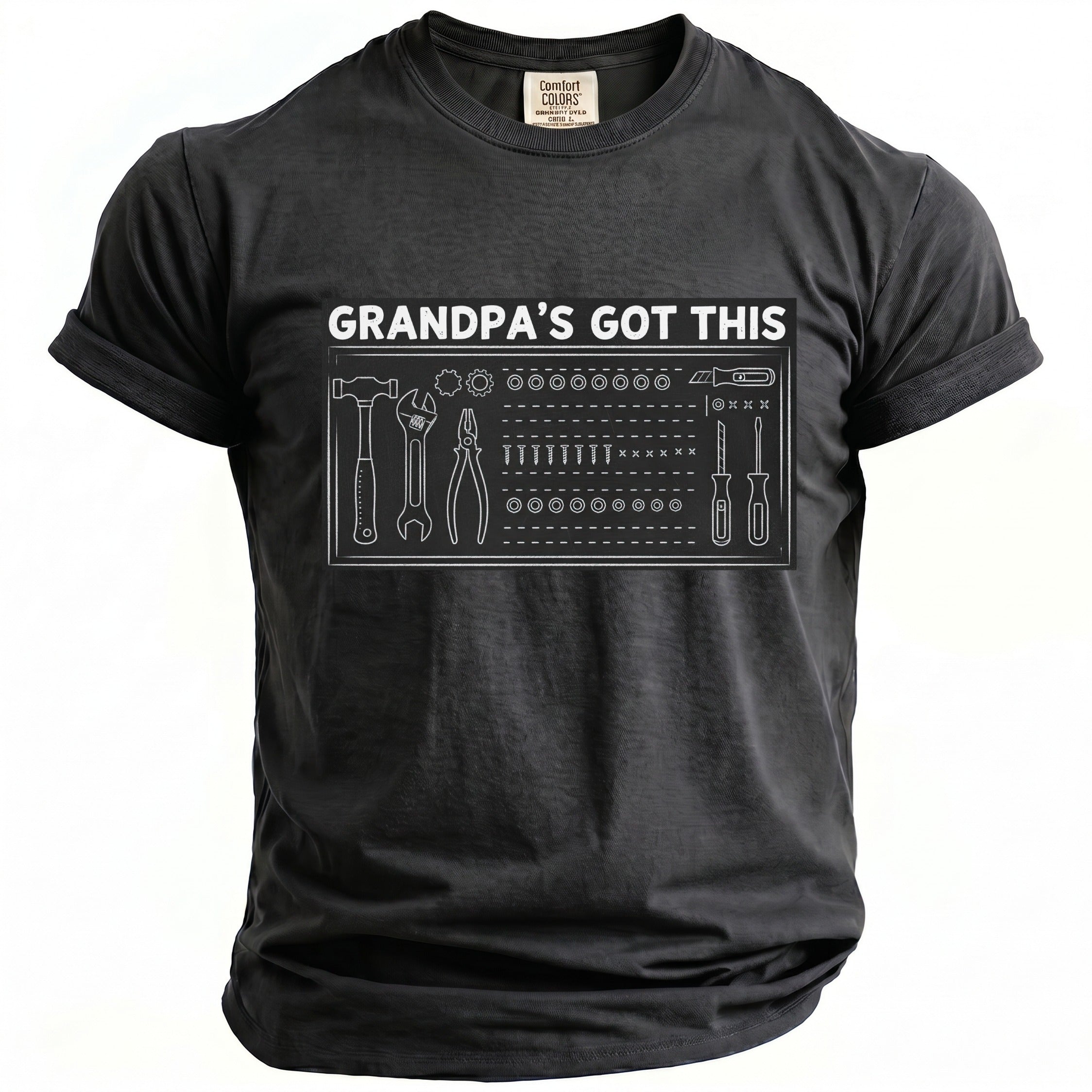 Black t-shirt with "GRANDPA'S GOT THIS" and a graphic of tools.