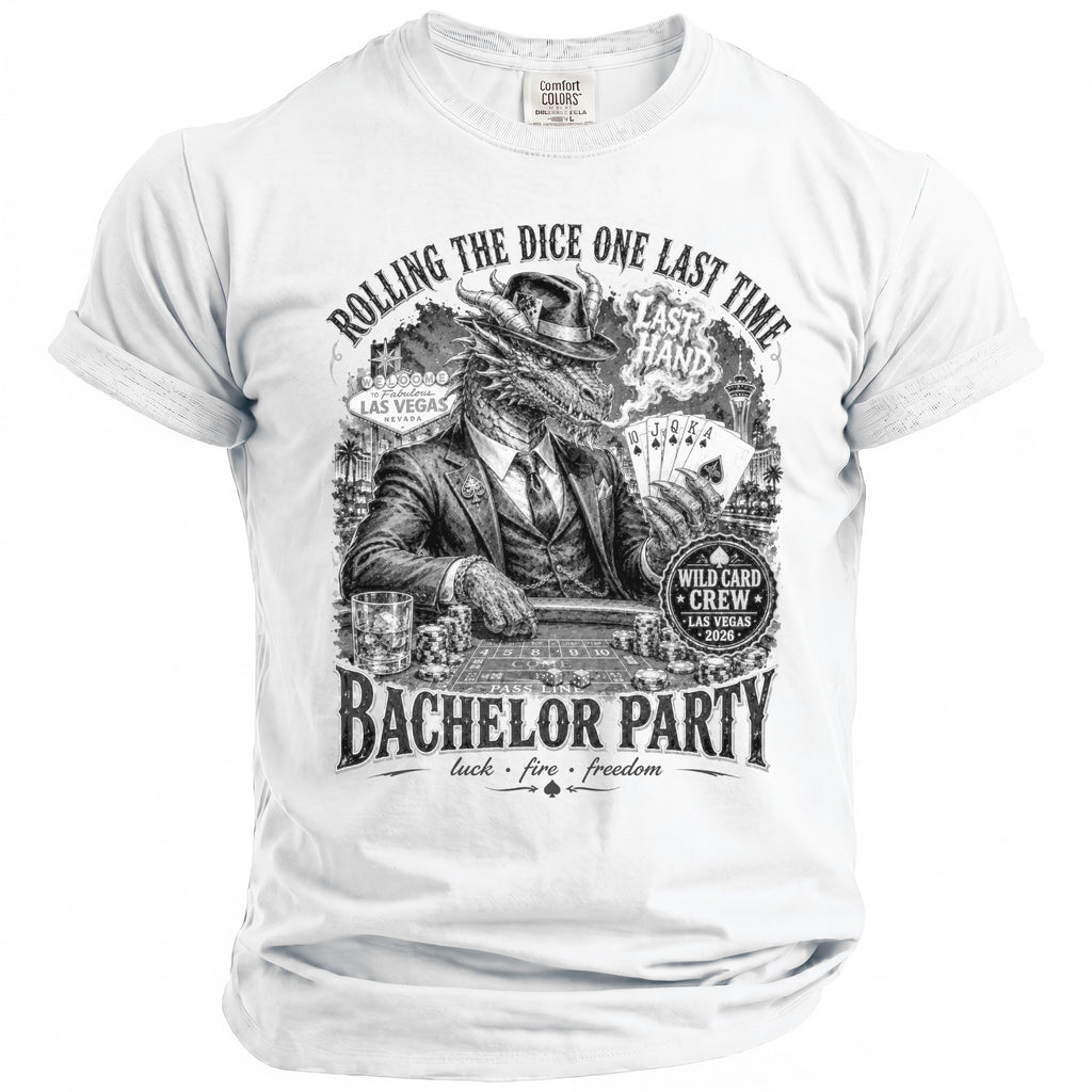 White t-shirt with dragon in suit, casino graphics, and "BACHELOR PARTY" text.