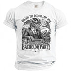 White t-shirt with dragon in suit, casino graphics, and "BACHELOR PARTY" text.