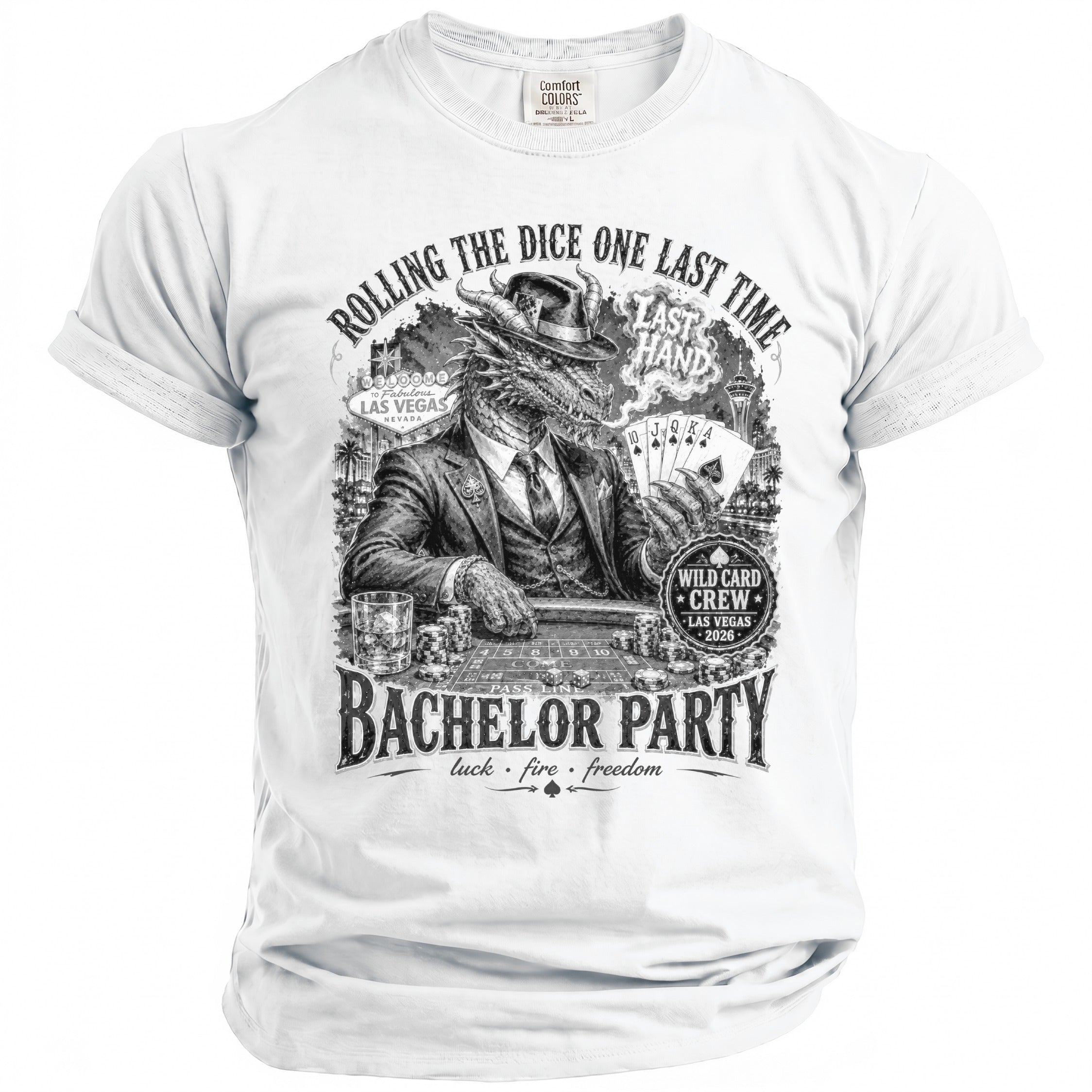 White t-shirt with dragon in suit, casino graphics, and "BACHELOR PARTY" text.