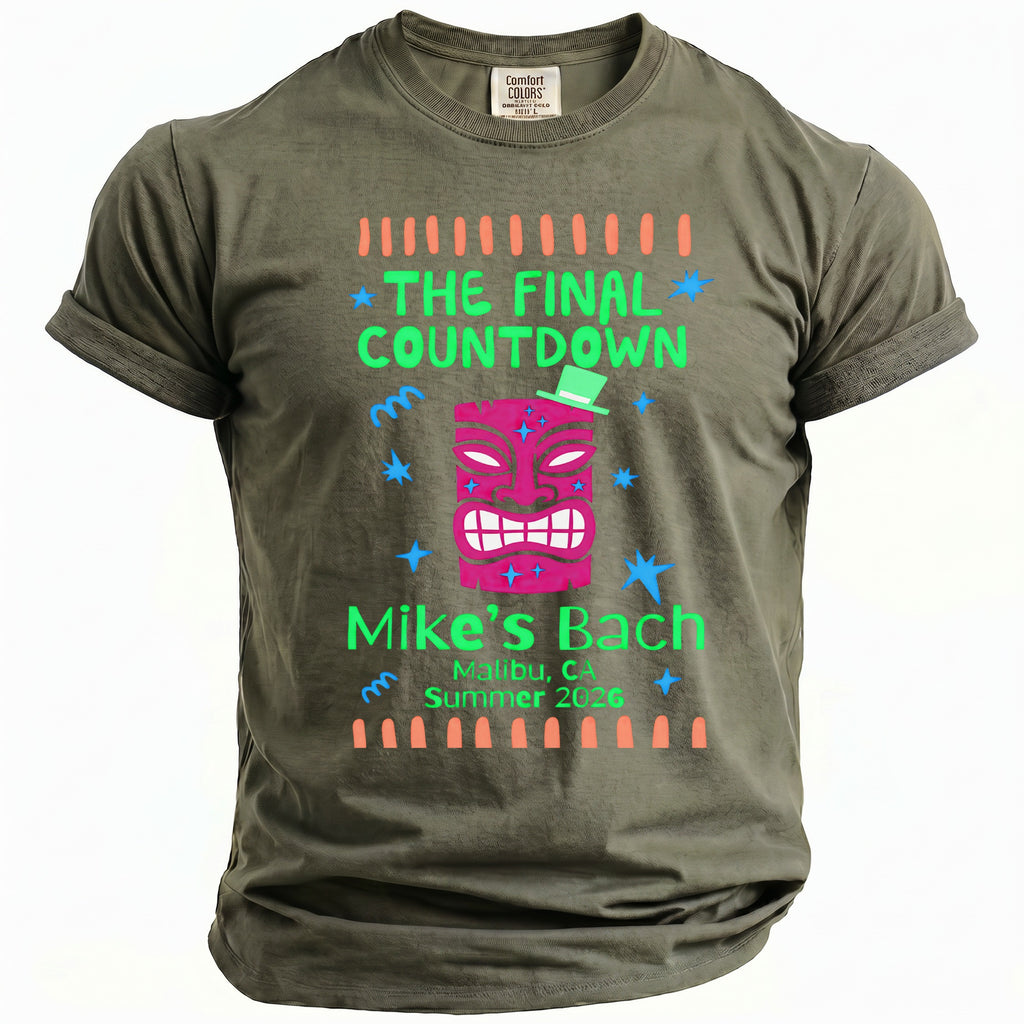 Green t-shirt with "The Final Countdown," a tiki mask, and "Mike's Bach Malibu, CA Summer 2026."