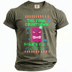 Green t-shirt with "The Final Countdown," a tiki mask, and "Mike's Bach Malibu, CA Summer 2026."
