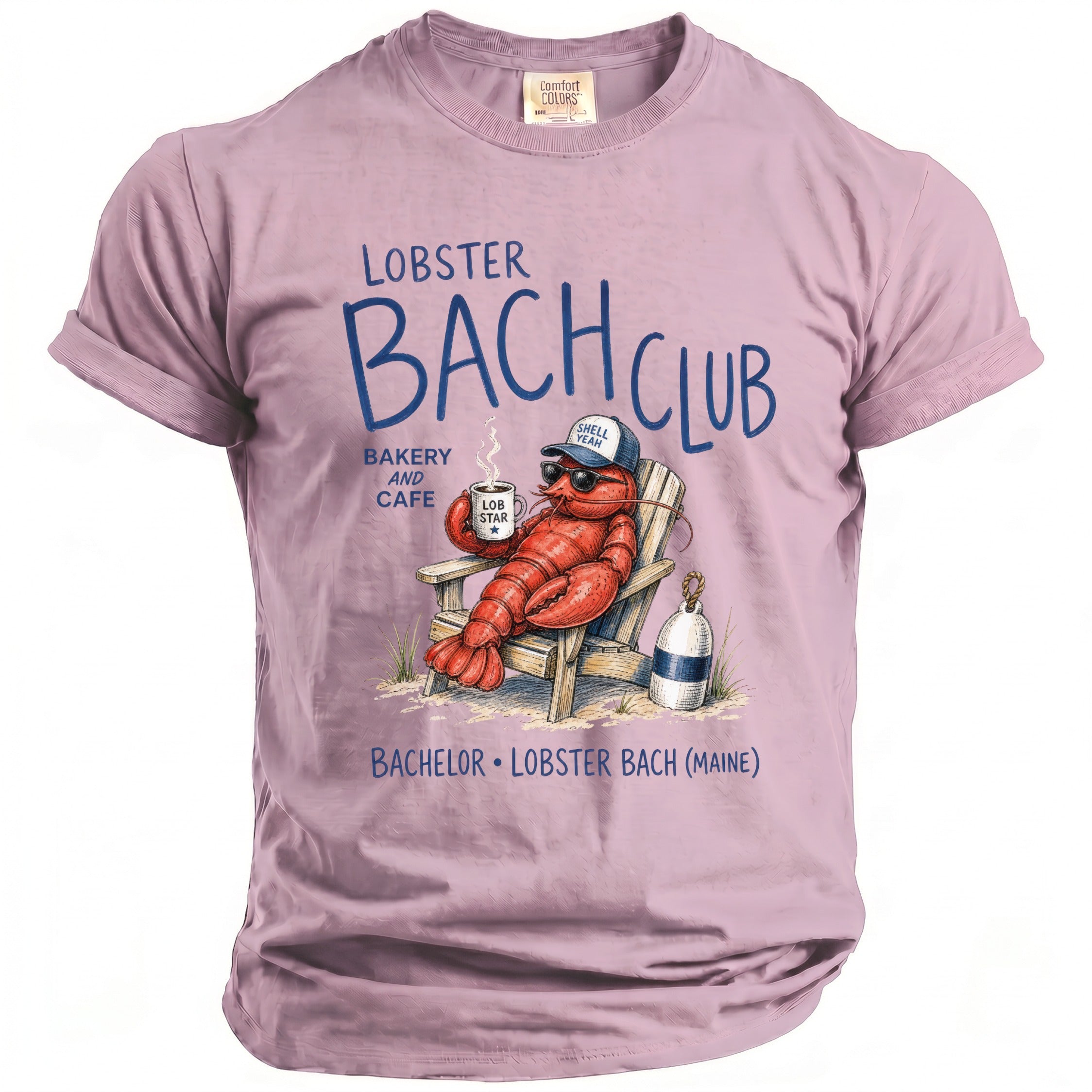 Lobster Bach Club graphic with lobster drinking coffee on t-shirt.